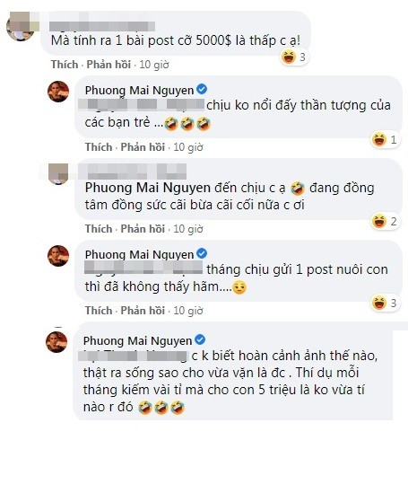 Dưới phần bình luận, nữ MC xinh đẹp bày tỏ quan điểm: "Chị không biết hoàn cảnh ảnh thế nào, thật ra sống sao cho vừa vặn là được. Thí dụ mỗi tháng kiếm vài tỷ mà cho con 5 triệu là không vừa tí nào rồi".