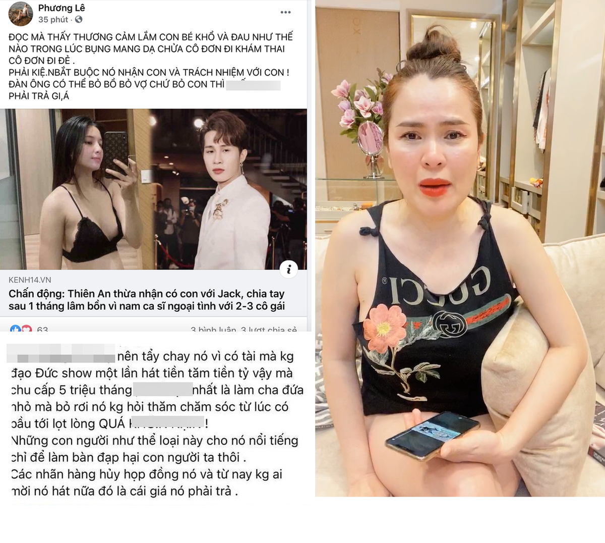 Trên trang cá nhân của mình, Hoa hậu Phương Lê cũng có những phản ứng gay gắt quanh lùm xùm của Jack. Không chỉ liên tưởng tới vụ của Ngô Diệc Phàm, Phương Lê còn kêu gọi tẩy chay nam chính vì lý do "có tài mà không đạo đức, show một lần hát tiền trăm tiền tỷ vậy mà chu cấp 5 triệu/tháng, nhất là làm cha đứa nhỏ mà bỏ rơi nó không hỏi thăm, chăm sóc từ lúc có bầu tới lọt lòng".