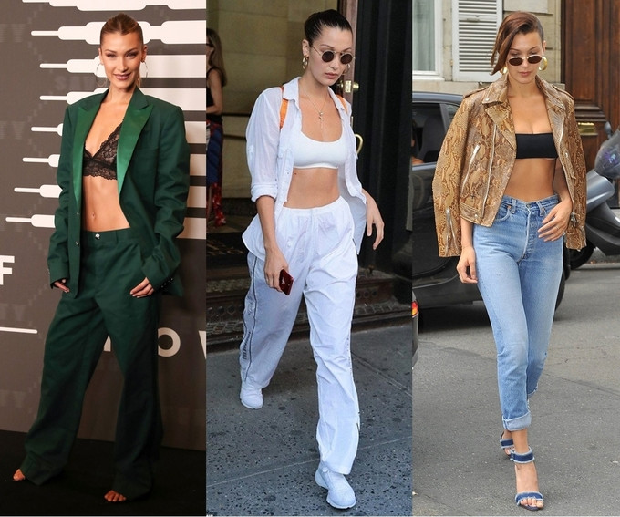 Những set đồ khoe ngực và eo thon táo bạo của Hadid. Ảnh: Reuters, Splash News.