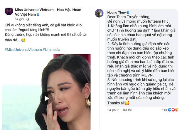 Bức xúc vì bị chỉ trích, Á hậu Hoàng Thùy đã lên tiếng tố Miss Universe Vietnam cắt ghép clip gây hiểu lầm.
