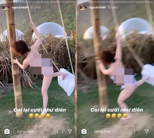 Trước đó người đẹp sinh năm 1989 cũng gây chú ý trên mạng xã hội khi bị trượt ngã trên xích đu và văng câu chửi thề.