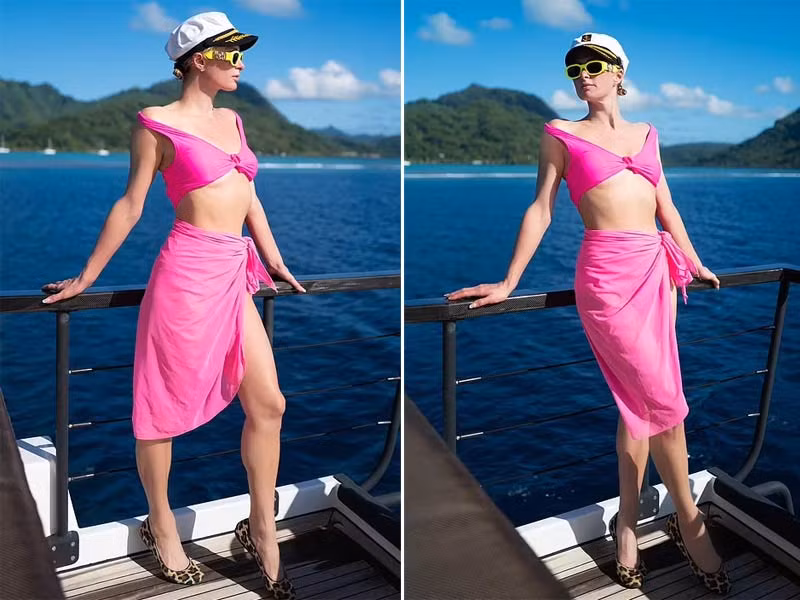 Người đẹp 40 tuổi khoe thân hình nóng bỏng trong bộ bikini hồng. (Ảnh: rex)