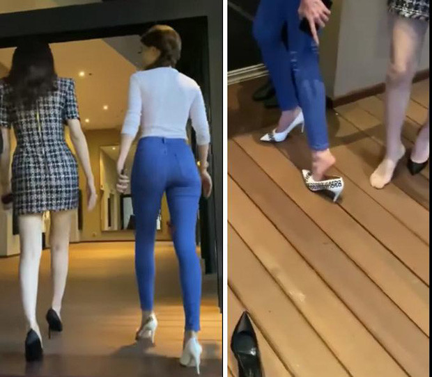 Ngọc Trinh và Hương Giang cùng vướng sự cố gót giầy lọt khe hở trên sàn gỗ khi đang thả dáng sang chảnh.