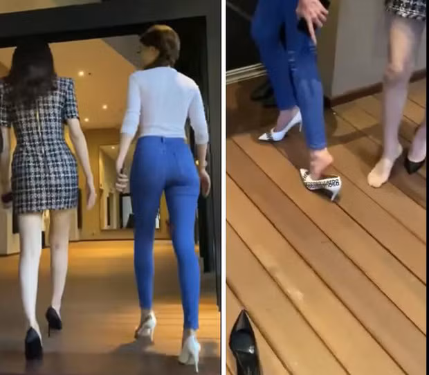 Ngọc Trinh và Hương Giang cùng vướng sự cố gót giầy lọt khe hở trên sàn gỗ khi đang thả dáng sang chảnh.