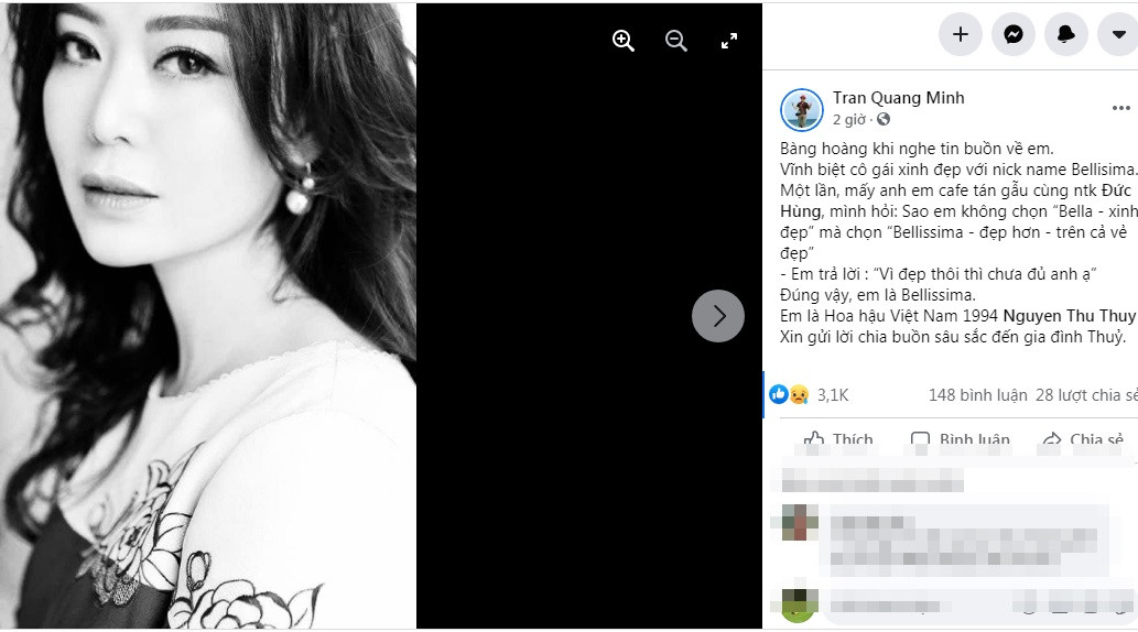 Trước sự ra đi đột ngột của Hoa hậu Việt Nam 1994, MC Quang Minh bày tỏ: "Bàng hoàng khi nghe tin buồn về em. Vĩnh biệt cô gái xinh đẹp với nick name Bellisima. Một lần, mấy anh em cafe tán gẫu cùng NTK Đức Hùng, mình hỏi: Sao em không chọn “Bella - xinh đẹp” mà chọn “Bellissima - đẹp hơn - trên cả vẻ đẹp”. Em trả lời: “Vì đẹp thôi thì chưa đủ anh ạ”. Đúng vậy, em là Bellissima. Em là Hoa hậu Việt Nam 1994. Xin gửi lời chia buồn sâu sắc đến gia đình Thuỷ".