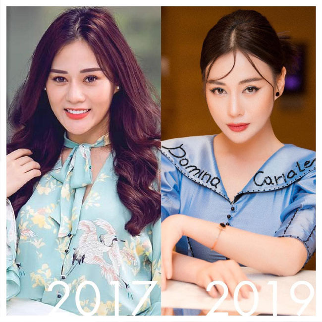 So sánh nhan sắc của Phương Oanh năm 2017 và 2019 đã có sự khác biệt rõ ràng. Khuôn mặt cô sau những can thiệp thẩm mỹ đã không còn rãnh cười, làn da láng bóng, trẻ đẹp hơn.