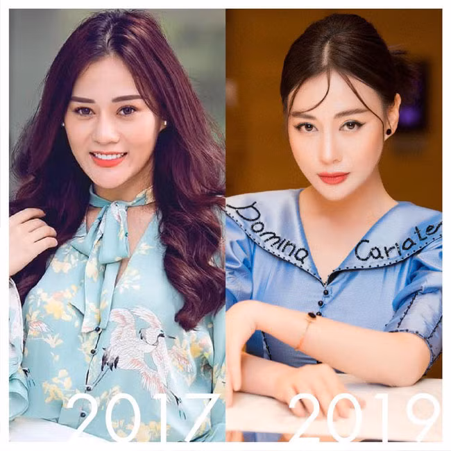 So sánh nhan sắc của Phương Oanh năm 2017 và 2019 đã có sự khác biệt rõ ràng. Khuôn mặt cô sau những can thiệp thẩm mỹ đã không còn rãnh cười, làn da láng bóng, trẻ đẹp hơn.