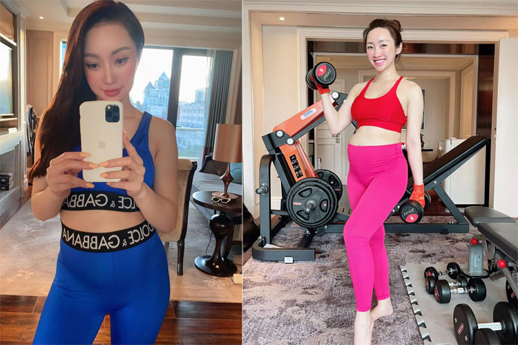 Nhờ chăm chỉ tập luyện, nên khi mang bầu, khuôn mặt và thân hình Thuỳ Chang không bị biến đổi nhiều, chỉ khác trước là bụng cô to ra do đang mang thai.