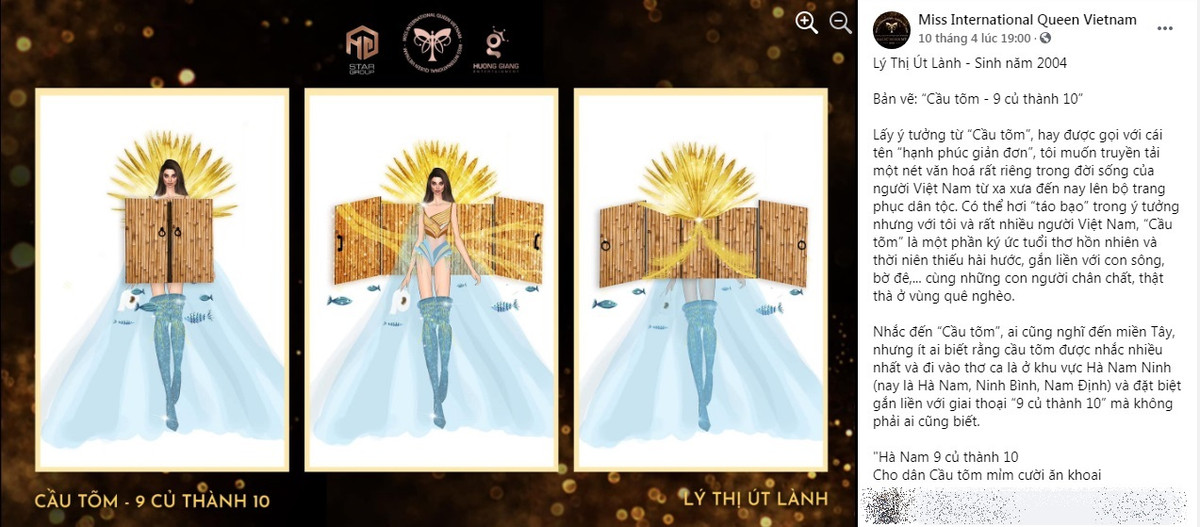 Theo chủ nhân của bản vẽ, có thể ý tưởng hơi "táo bạo" nhưng với nhiều người "Cầu tõm" là một phần ký ức hồn nhiên và hài hước, gắn liền với con sông, bờ đê,... Về mặt hình thức, trang phục sử dụng mô hình bằng gỗ, phần tà tái hiện hình ảnh dòng nước với các chú cá. Khi trình diễn, người mặc tháo gỡ phần mô hình để lộ bodysuit gợi cảm bên trong.