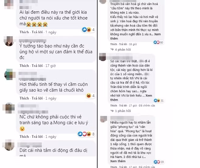 Bản vẽ "Cầu tõm" nhanh chóng nhận được nhiều ý kiến trái chiều. Bên cạnh những lời khen cho ý tưởng độc đáo, không ít ý kiến cho rằng thiết kế lấy ý tưởng từ "Cầu tõm" không phù hợp để mang lên sân sấu quốc tế. Thậm chí, nhiều người còn hài hước bình chọn đây là "Trang phục dân tộc bốc mùi nhất mọi thời đại".