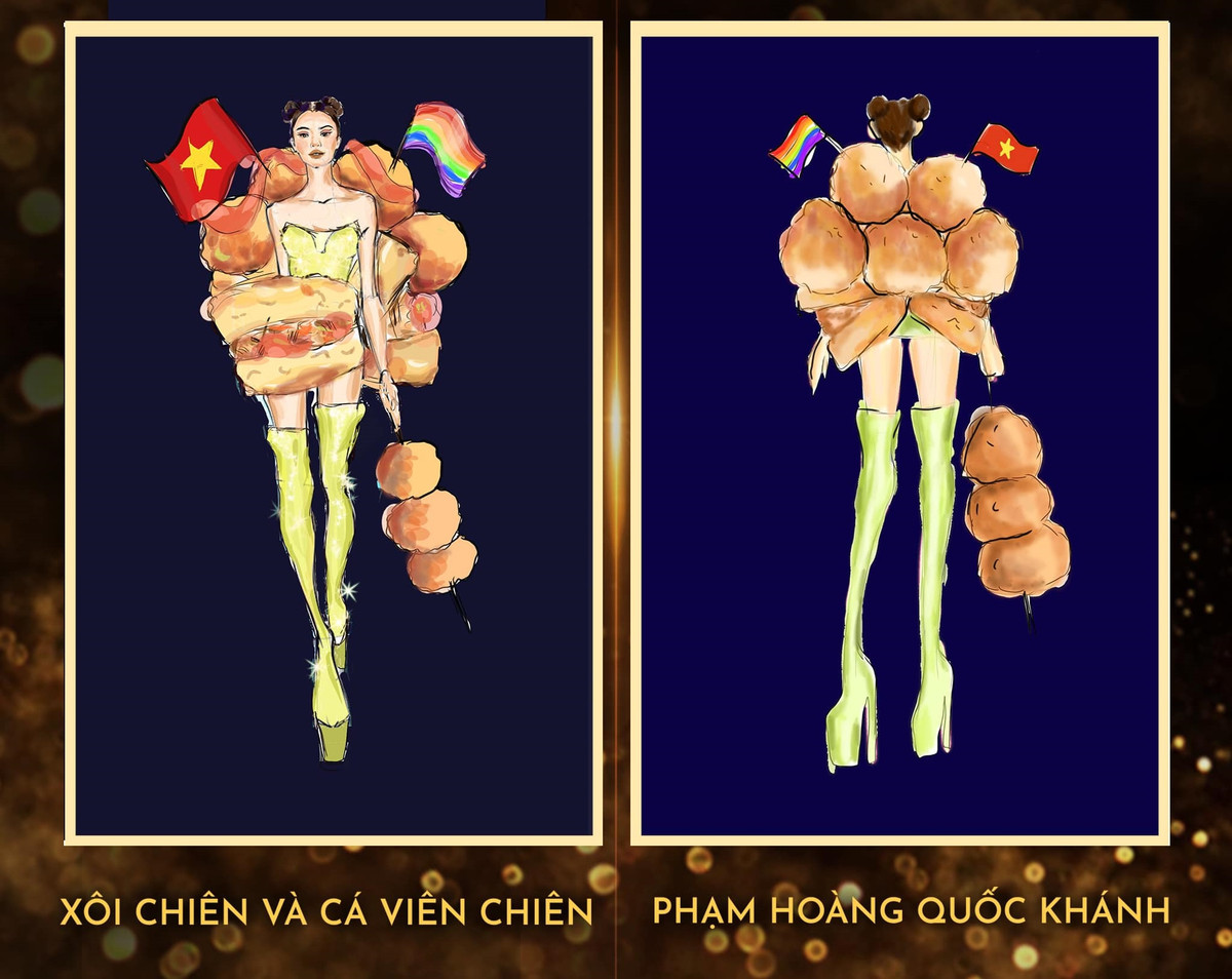 Bản vẽ “Xôi chiên và cá viên chiên” của Phạm Hoàng Quốc Khánh (sinh năm 2002" lấy ý tưởng từ món ăn vặt quen thuộc của người Việt Nam.