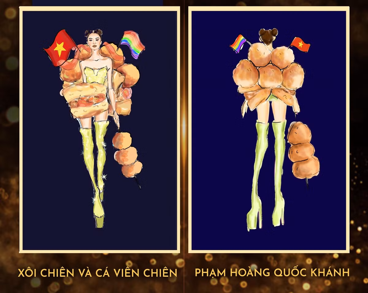 Bản vẽ “Xôi chiên và cá viên chiên” của Phạm Hoàng Quốc Khánh (sinh năm 2002" lấy ý tưởng từ món ăn vặt quen thuộc của người Việt Nam.