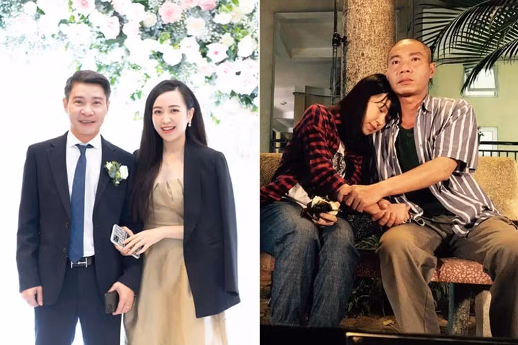 Kim Oanh chụp ảnh với Công Lý ngoài đời và khi diễn với Công Lý trong phim "Những cô gái trong thành phố".