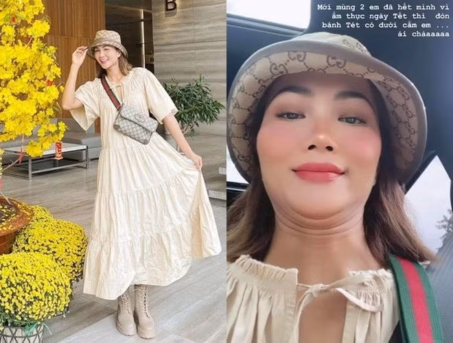 Mới qua một ngày mà H'Hen Niê khoe ảnh nọng cằm cùng dòng than thở: "Mới mùng 2 em đã hết mình vì ẩm thực ngày Tết thì đòn bánh tét có dưới cằm em... ái chà!". Người đẹp "chơi chiêu" mặc váy dáng rộng để giấu bụng phòng những lúc ăn "không kiểm soát".