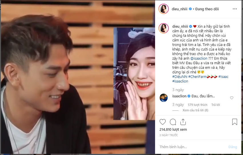 Isaac từng khen Diệu Nhi là cô gái đáng yêu nhất anh từng gặp trên sóng truyền hình và thừa nhận "yêu đơn phương". Tuy vậy, dù được nam thần Vbiz công khai thể hiện sự yêu mến nhưng "cô gái vàng trong làng tấu hài" quyết từ chối vì bản thân là "hoa đã có chủ".