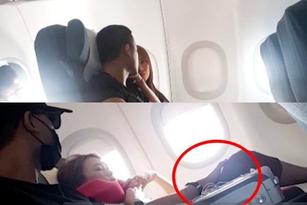 Tháng 6/2019, cặp đôi "chị - em" của Vbiz từng bị bắt gặp hẹn hò thân mật trên chuyến bay. Mai Tài Phến còn đặt tay lên đùi Mỹ Tâm. Ảnh: Kenh14.