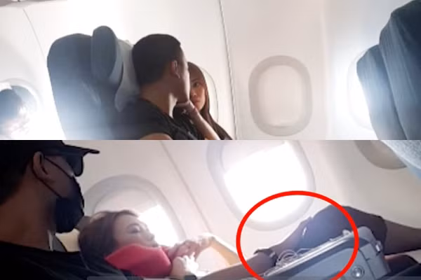 Tháng 6/2019, cặp đôi "chị - em" của Vbiz từng bị bắt gặp hẹn hò thân mật trên chuyến bay. Mai Tài Phến còn đặt tay lên đùi Mỹ Tâm. Ảnh: Kenh14.