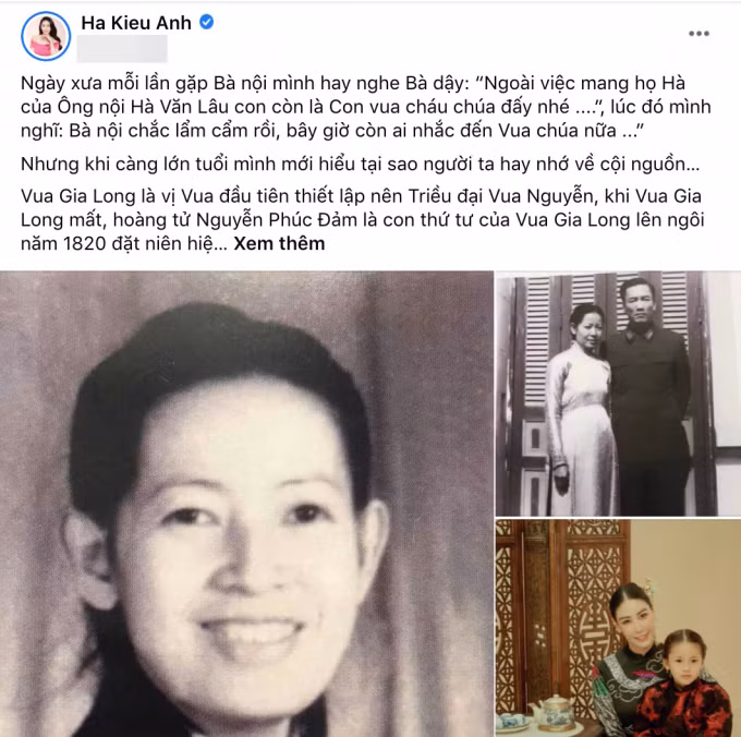 Mới đây, Hoa hậu Hà Kiều Anh gây bất ngờ khi tiết lộ mình là hậu duệ của vua Minh Mạng. Và theo bà nội của Hà Kiều Anh, cô chính là công chúa đời thứ 7 trong gia đình hoàng tộc.