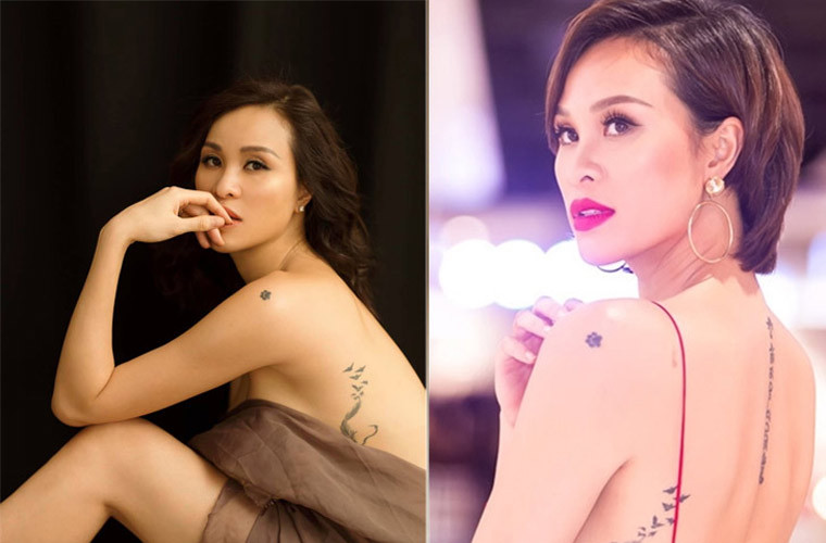 Dòng chữ nằm dọc sống lưng của MC Phương Mai có ý nghĩa “Ngọc trong sen, phật trong tâm”. Ngoài ra cô còn có 2 hình xăm trên bả vai, mạn sườn.