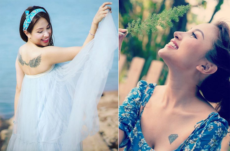 Nữ MC Vân Hugo có hình xăm đôi cánh rất ấn tượng sau lưng và hình xăm viên kim cương ở ngực trái.