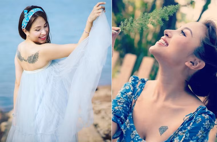 Nữ MC Vân Hugo có hình xăm đôi cánh rất ấn tượng sau lưng và hình xăm viên kim cương ở ngực trái.