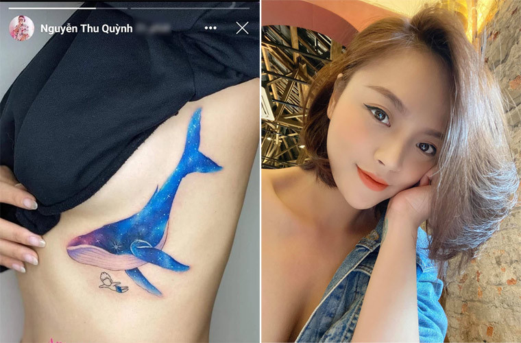 Nữ diễn viên Thu Quỳnh mới khoe hình xăm là một chú cá heo xanh ở ngay chân ngực. Đây là hình xăm lớn nhất mà cô từng sở hữu.