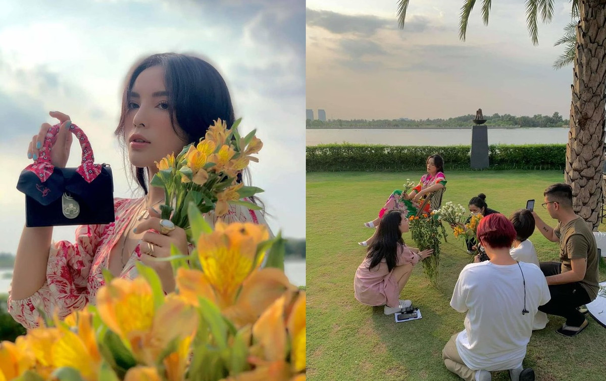 Với sự hỗ trợ của dàn ekip "cây nhà lá vườn", Hoa hậu Kỳ Duyên hóa nàng thơ "so deep" bên hoa giữa khung cảnh hoàng hôn buông.