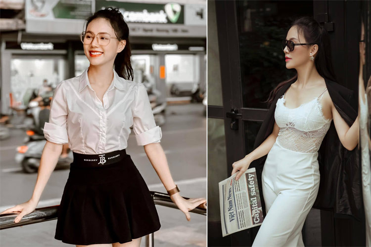 Thỉnh thoảng, Minh Thu cũng chọn những set đồ nữ tính như chân váy kết hợp với áo sơ mi hoặc bộ jumpsuit ren gợi cảm để đi chơi.