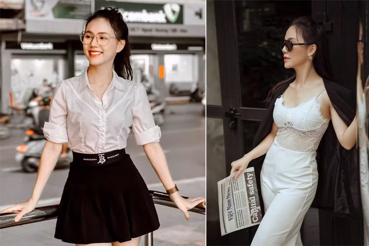 Thỉnh thoảng, Minh Thu cũng chọn những set đồ nữ tính như chân váy kết hợp với áo sơ mi hoặc bộ jumpsuit ren gợi cảm để đi chơi.