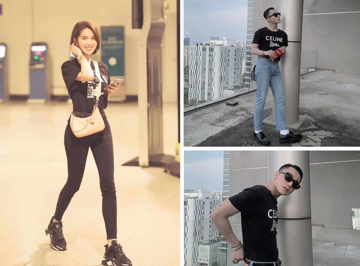 Nổi tiếng bắt trend "nhanh như chớp" nhưng Ngọc Trinh cũng có lúc phải "chạy sau" Sơn Tùng. Nữ người mẫu từng diện chiếc áo phông cổ tròn của Celine, một item mà Sơn Tùng đã mặc cách đây hơn 5 tháng.