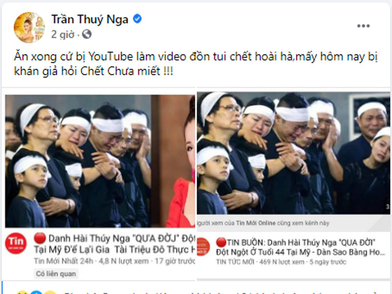 Tháng 1/2021, Thúy Nga còn bị kẻ xấu tung tin đồn qua đời. "Ăn xong cứ bị YouTube làm video đồn tui chết hoài hà, mấy hôm nay bị khán giả hỏi chết chưa miết", Thúy Nga chia sẻ. (Ảnh: FBNV)