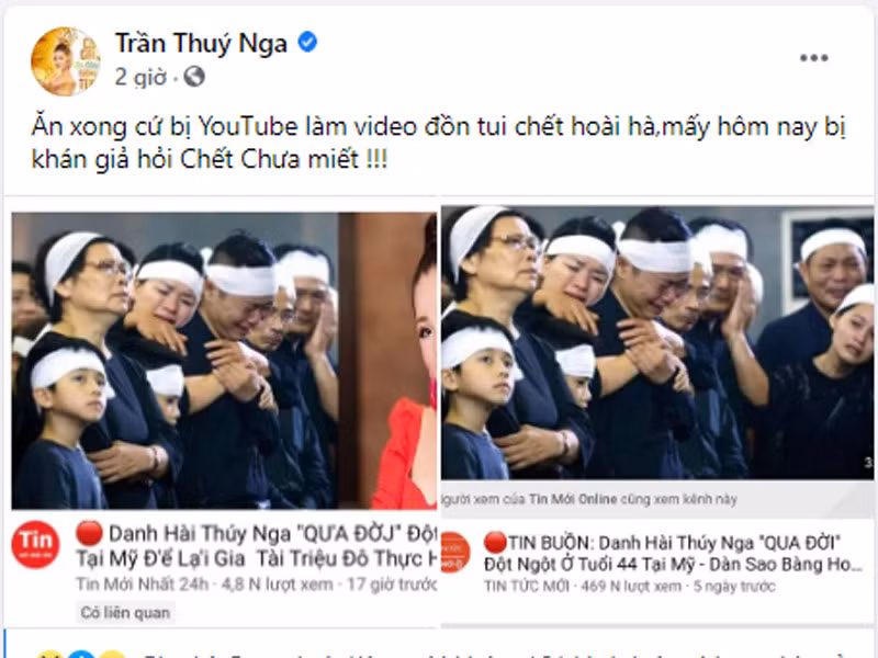 Tháng 1/2021, Thúy Nga còn bị kẻ xấu tung tin đồn qua đời. "Ăn xong cứ bị YouTube làm video đồn tui chết hoài hà, mấy hôm nay bị khán giả hỏi chết chưa miết", Thúy Nga chia sẻ. (Ảnh: FBNV)