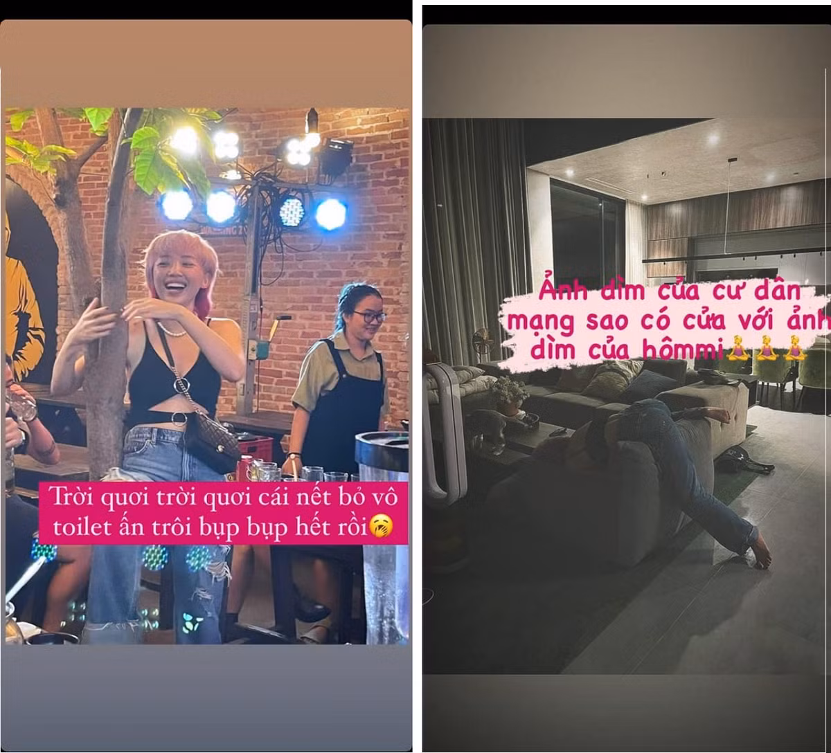 Tóc Tiên từng rơi vào cảnh say xỉn, phải bò lên cầu thang và cắm đầu xuống ghế để ngủ. Khoảnh khắc khó đỡ này của nữ ca sĩ đã được ông xã nhanh tay chụp lại và chính người đẹp tự đăng lên "dìm hàng".