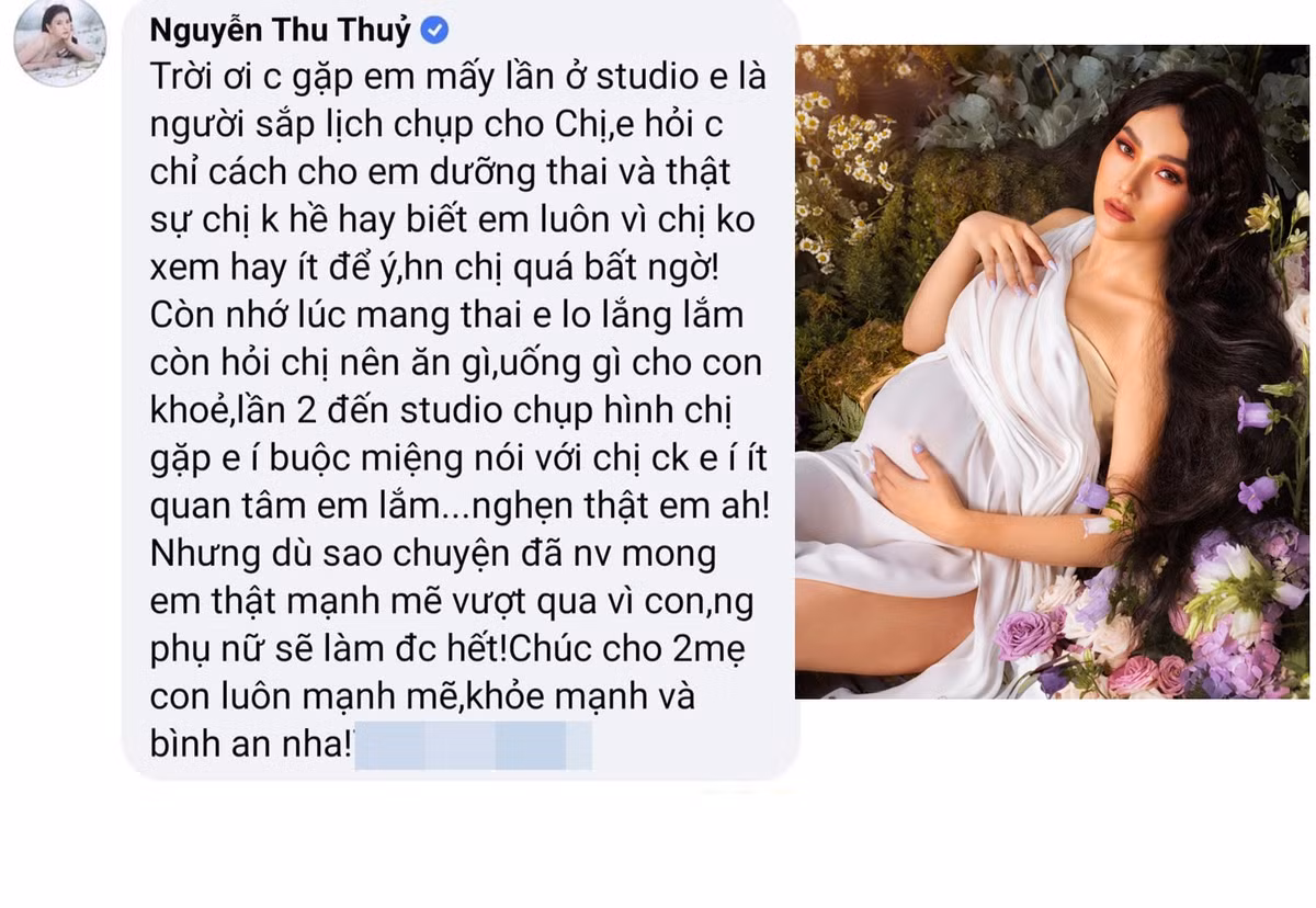 Dưới bài chia sẻ, ca sĩ Thu Thủy bày tỏ sự bất ngờ khi biết được câu chuyện của nữ chính. Trong một vài cuộc gặp tình cờ với Thiên An tại studio, cô gái này có hỏi Thu Thủy về cách dưỡng thai và buột miệng chia sẻ với nữ ca sĩ về chuyện ít được "chồng" quan tâm.