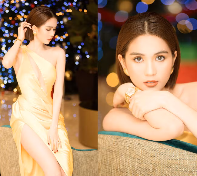 Trong một lần đi dự tiệc khác, để ton sur ton với chiếc váy vàng màu mỡ gà xẻ đùi cao và khoét ngực táo bạo, "nữ hoàng nội y" chọn cho mình chiếc đồng hồ hiệu màu vàng.