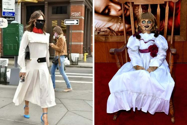 Mới đây nhất, khi Victoria Beckham mặc chiếc váy trắng, xuất hiện trên đường phố New York hôm 5/8, nhiều người đã so sánh cô với búp bê ma Annabelle trong phim kinh dị cùng tên vì thấy trang phục tương đồng. (Ảnh: GCimage)