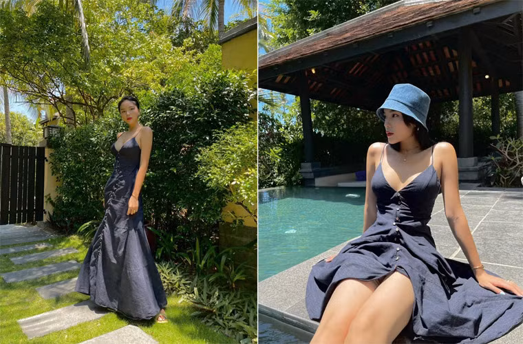Chiếc váy hai dây tối màu nhưng được may trễ ngực nhất có thể khiến người đẹp Nam Định khoe gần hết vòng 1 nảy nở.