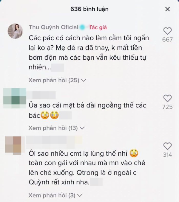 Khánh Thy của "Hương vị tình thân" lập tức lên tiếng đáp trả những bình luận không mấy hay ho: "Các bác có cách nào làm cằm tôi ngắn lại không ạ? Mẹ đẻ ra đã thế này, không mất tiền bơm độn mà các bạn vẫn kêu thiếu tự nhiên".