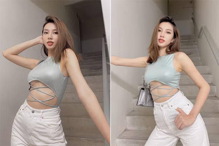 Người đẹp sinh năm 1998 sexy với quần jeans trắng kết hợp áo hở bụng và một phần chân ngực.