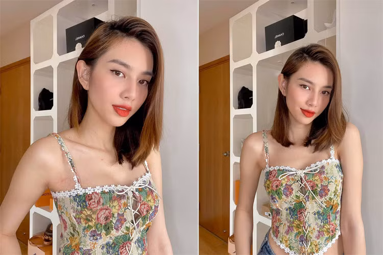 Áo yếm hai dây kết hợp với quần jeans, Thuỳ Tiên tươi tắn, quyến rũ.