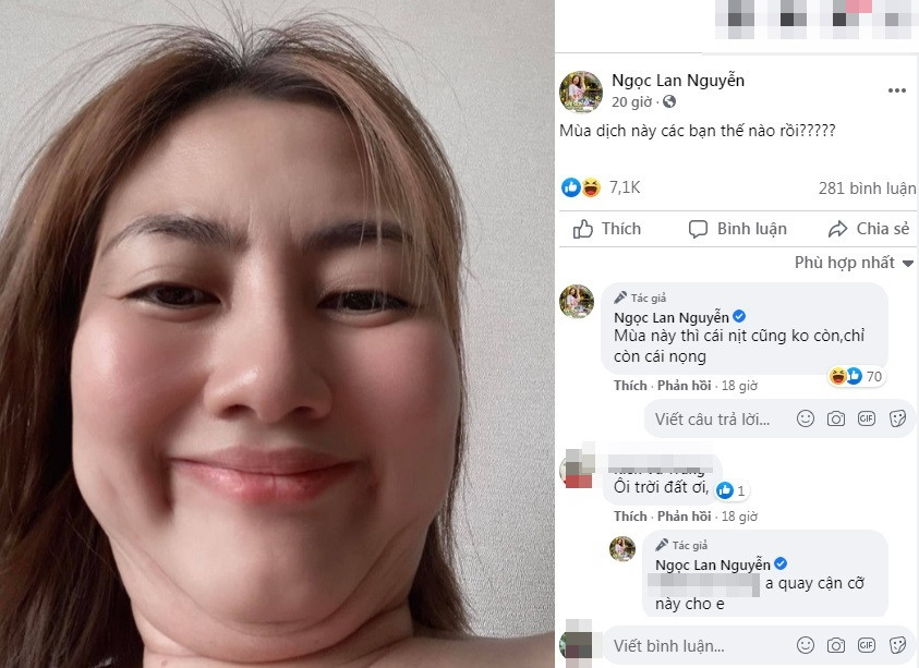 Ở nhà mùa dịch, dàn sao Vbiz có những thay đổi bất ngờ về ngoại hình. Dù chịu khó chăm sóc bản thân nhưng diễn viên Ngọc Lan cũng phải "than trời" vì bị "ngải heo săn đón": "Mùa này thì cái nịt cũng không còn, chỉ còn cái nọng".