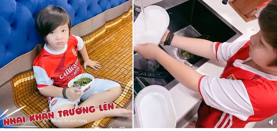 Alfie Túc Mạch được dạy phụ giúp mẹ làm việc nhà từ bé. Trong đoạn video quay nhóc tì, bà mẹ hai con viết: "Con trai cưng của mami. Là đàn ông con trai con phải biết ăn rau, ăn xong thì phải biết rửa bát, rửa bát xong thì đi ngủ sớm để mai còn học bài nha con".