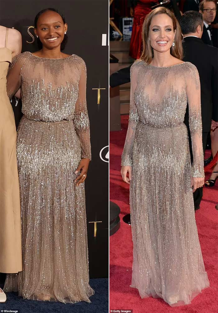 Trước đó, trong buổi ra mắt phim "Eternals" ở Los Angeles, cô con gái Zahara, 18 tuổi, cũng mặc lại chiếc đầm Elie Saab Couture mà mẹ Angelina đã mặc trong lễ trao giải Oscars 2014. (Ảnh: Getty Images, WireImage)