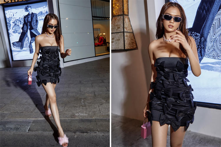 Váy quây chỉ che được nửa bầu ngực và ngắn tối đa giúp nữ diễn viên "Vòng eo 56" phô ra vẻ đẹp cơ thể.