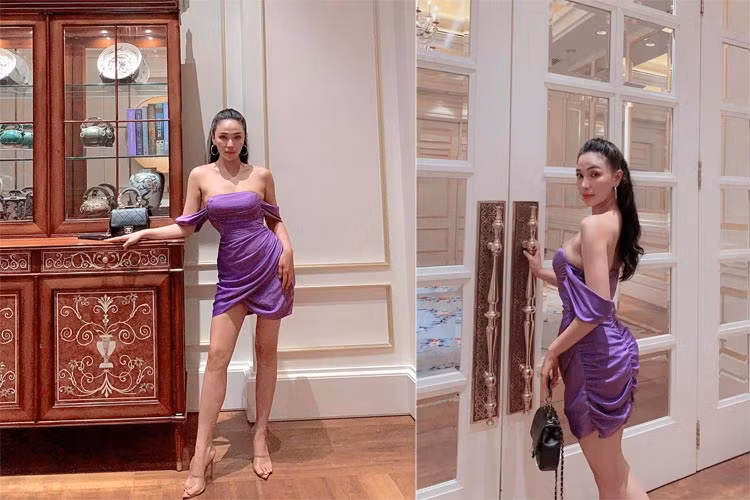 Chiếc váy ngắn trễ nải khiến Quỳnh Thư sexy ở mọi góc chụp.