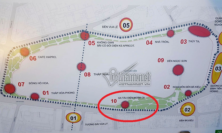 Vị trí đặt ga C9 trên hồ Gươm.