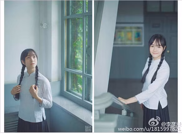 Tân Hoa khôi giảng đường trông hồn nhiên và đáng yêu trong trang phục truyền thống của nữ sinh Trung quốc.