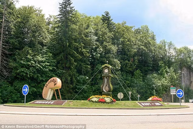 Mô hình bánh phó mát Morbier không lồ và đồng hồ bằng cây xanh tại một vòng xuyến ở Pháp.