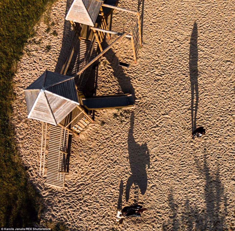 Một cặp đôi chơi đùa với cún cưng trên bãi biển ở Agluonenai.