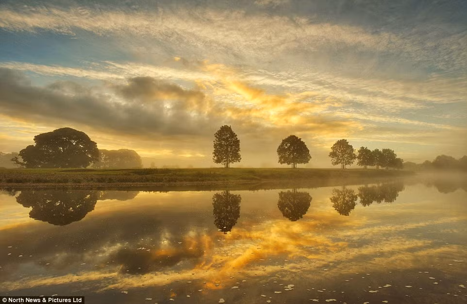 Sương sớm mùa thu trên sông Eden gần Penrith ở Cumbria.